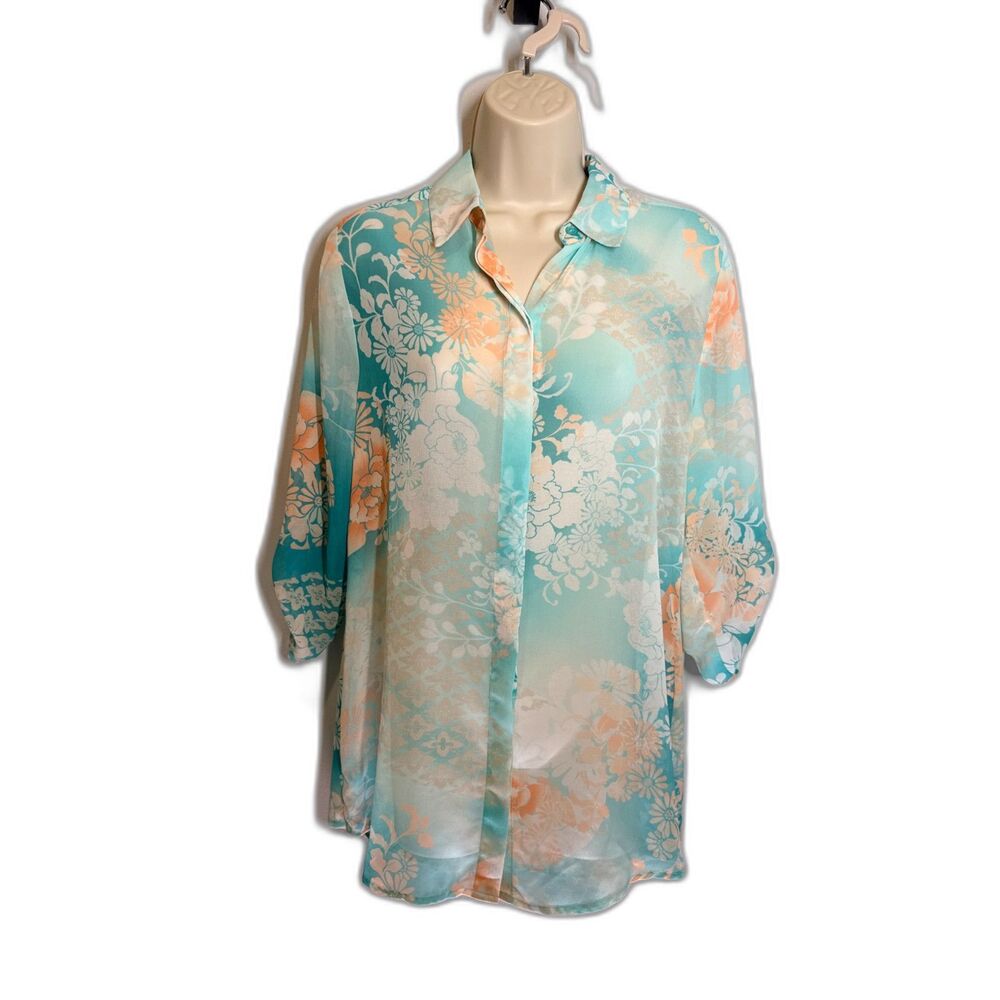 chico's sheer floral top teal and peach